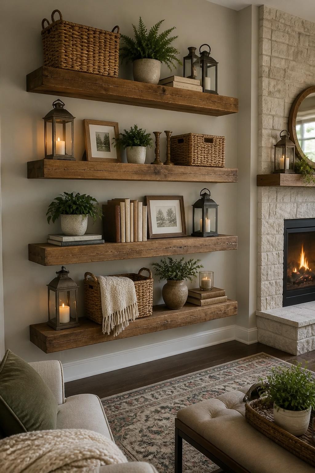 Present a cottage style living room with four thick, rustic wood floating shelves, each displaying an array of wicker baskets, lanterns, can.