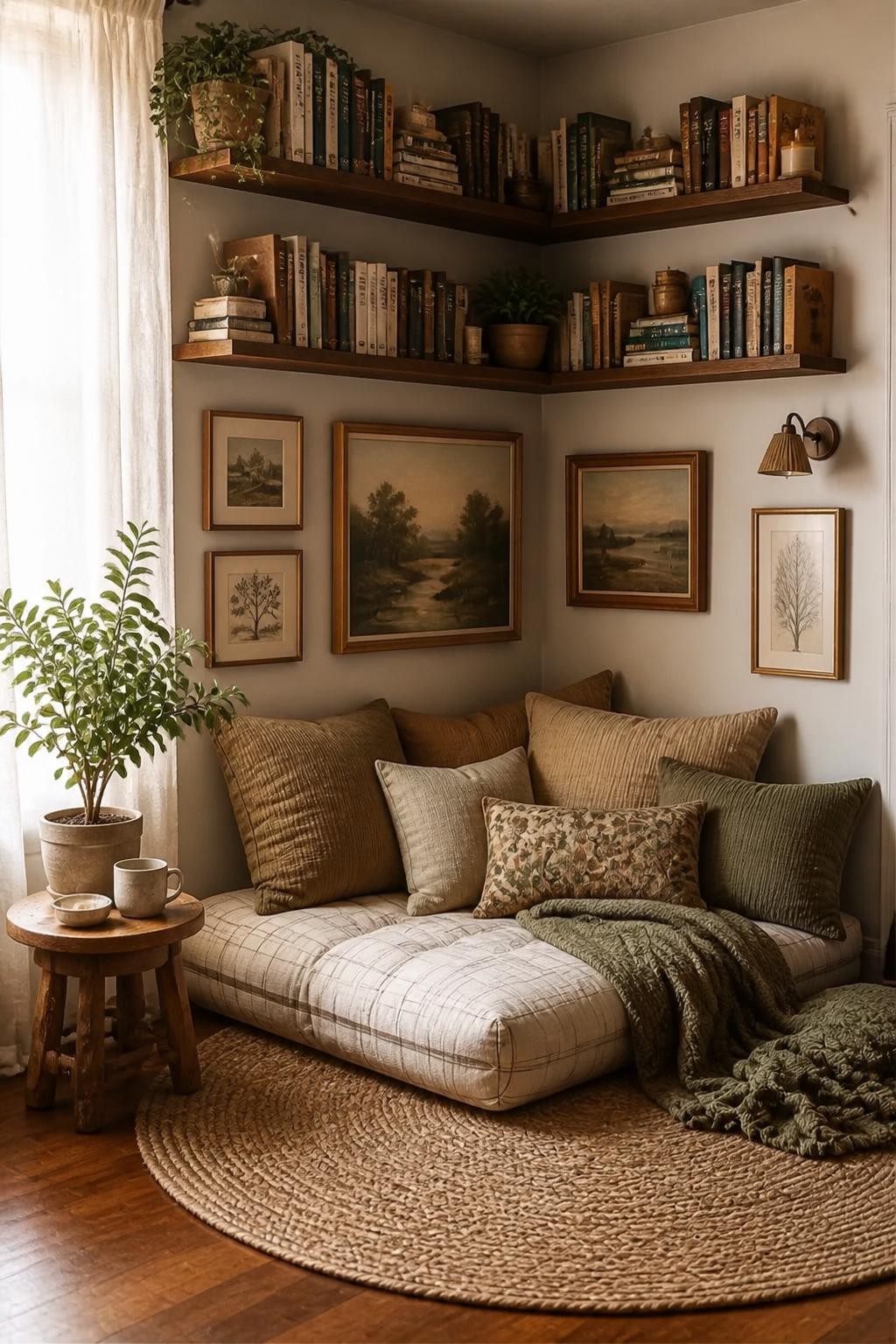 A relaxed, cottage-inspired living room corner featuring deep wood floating shelves packed with vintage books.