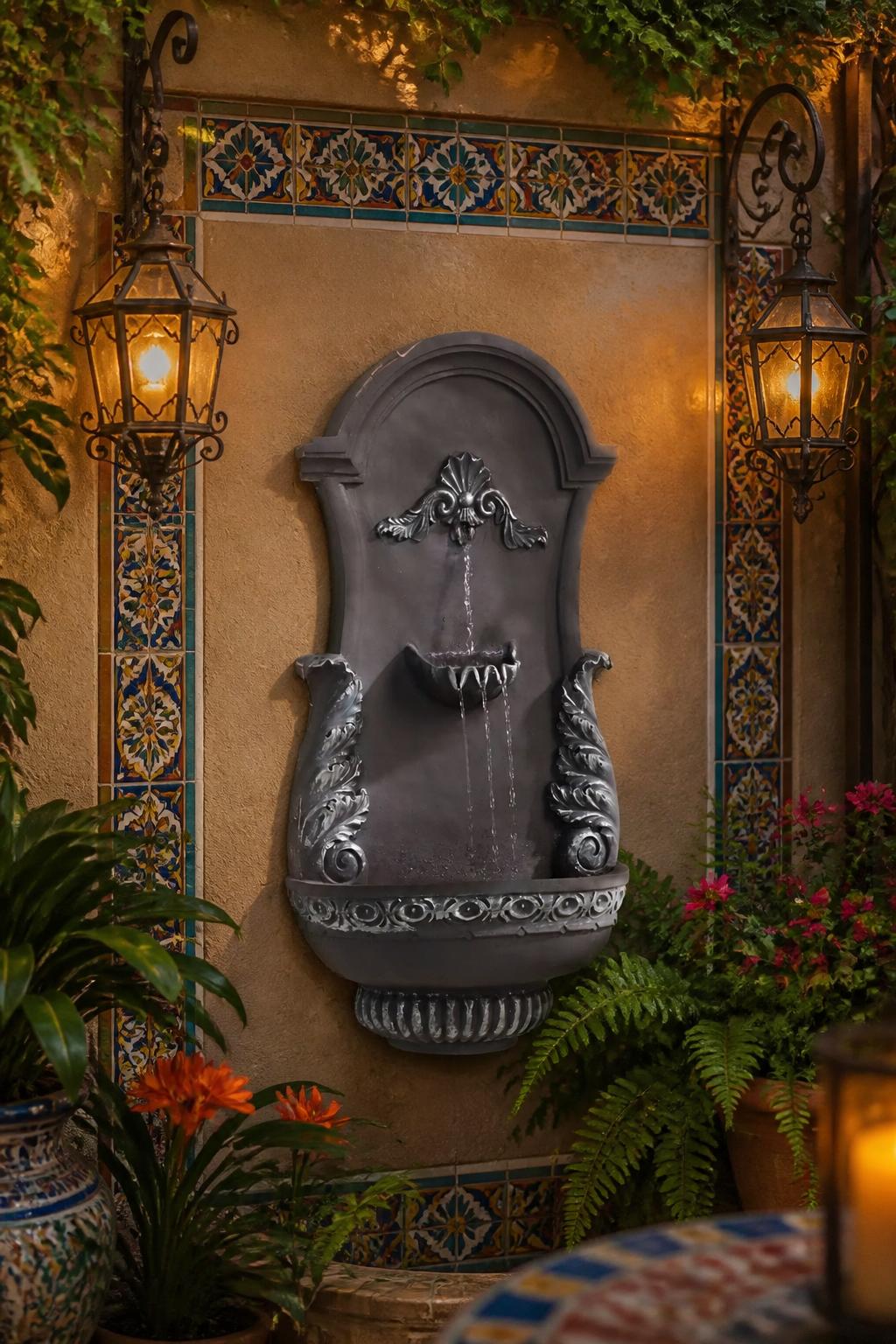 Use the uploaded San Pablo Ornate 33" High Wall Fountain exactly as the reference product, preserving its grand frame, classic bowl shape, a.