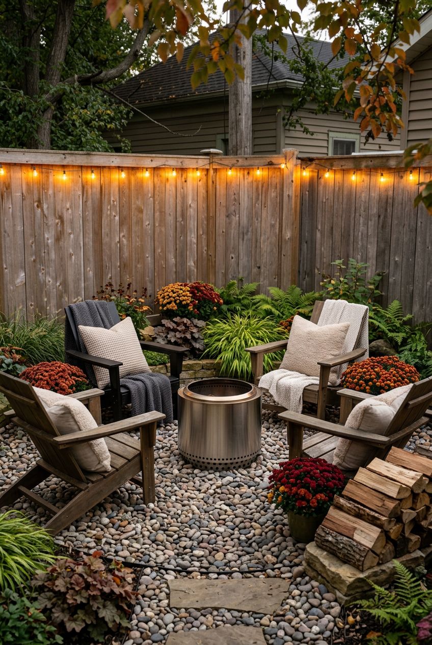 A secluded small corner fire pit nook bounded by a wooden privacy fence awash in soft amber fairy lights.