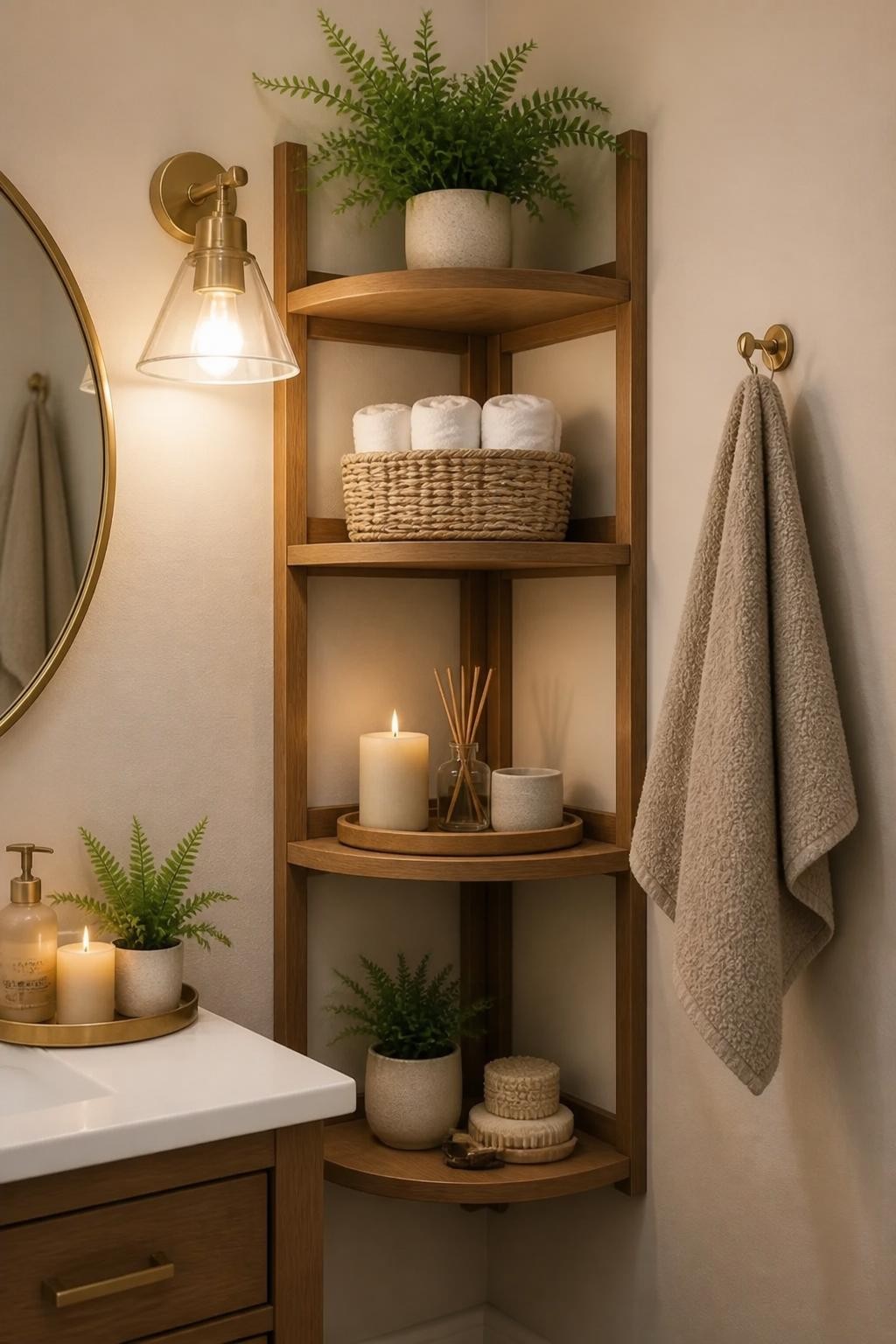 A cozy bathroom corner is transformed by tiered wooden floating shelves, perfectly designed for tight spaces.