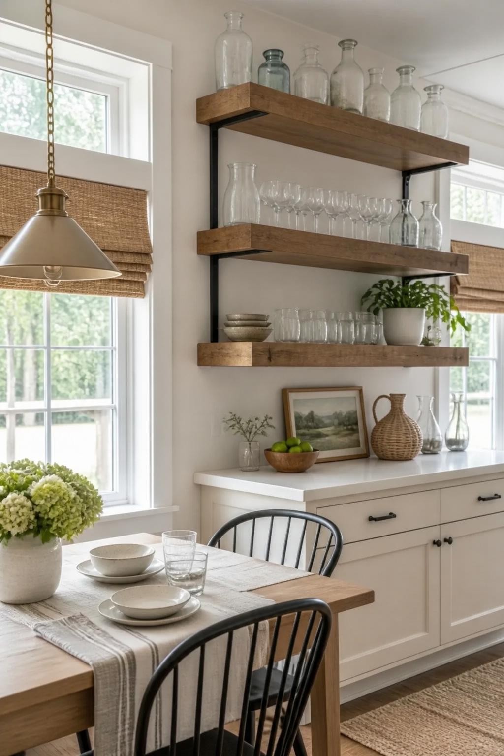 This cozy cottage dining nook boasts thick rustic wood floating shelves supported by industrial black brackets, fully loaded with glassware.