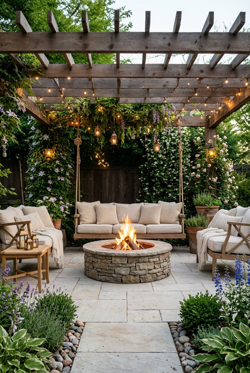 This cozy farmhouse-inspired patio features a stacked-stone round fire pit beneath a large pergola wrapped in warm string lights and greener.