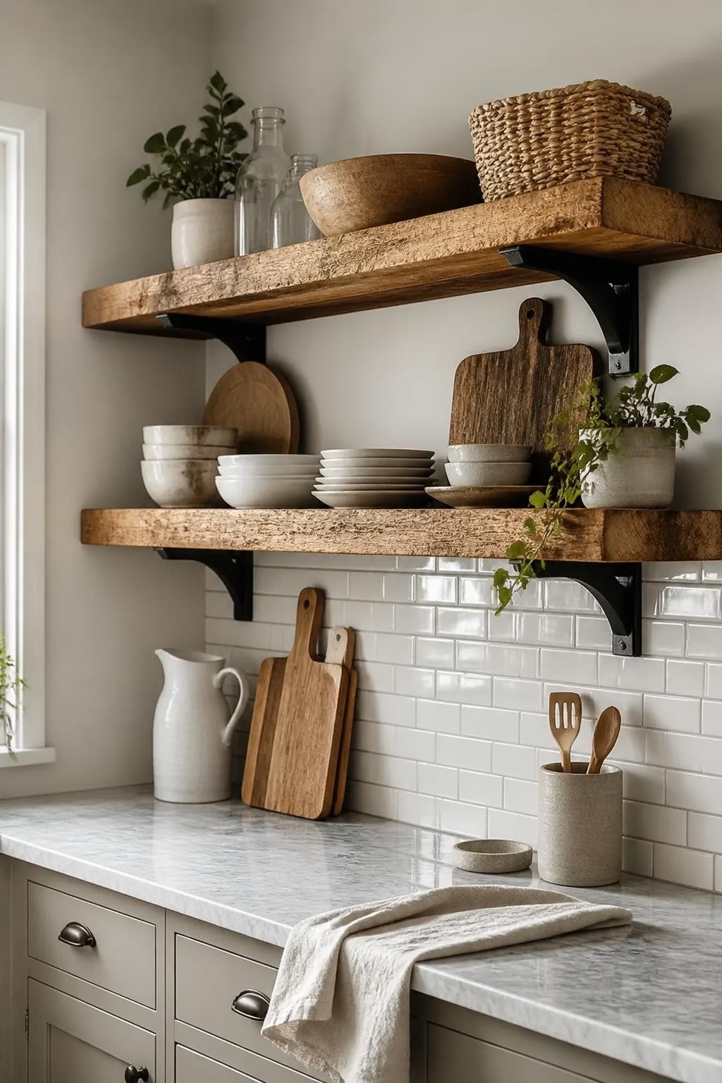 This cozy kitchen features thick, rustic floating shelves crafted from aged, reclaimed wood with a rugged texture, secured with sturdy black.