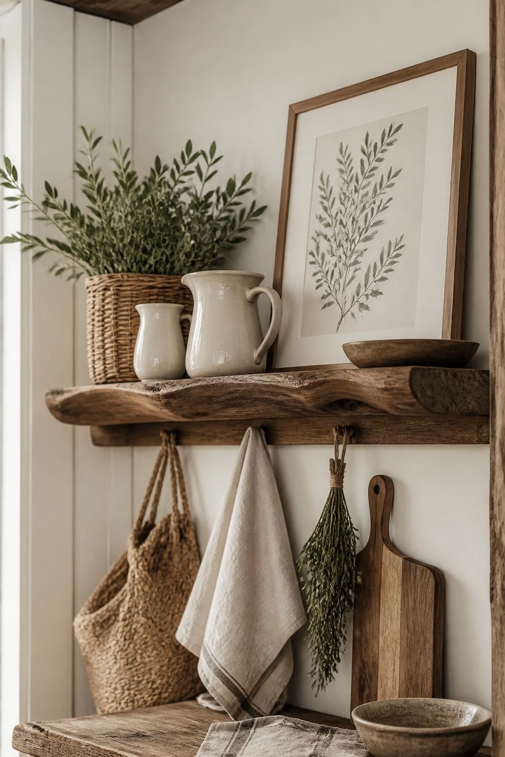 A cozy kitchen nook features a single, chunky walnut floating shelf with hand-hewn edges and visible character knots.