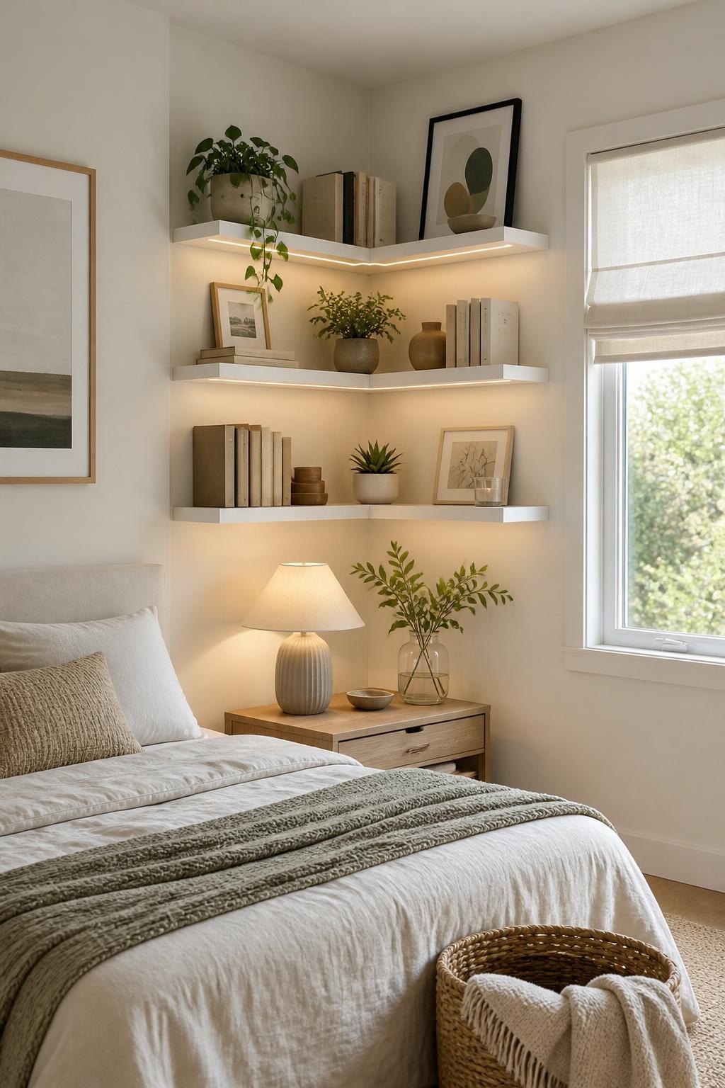 A light and inviting minimalist bedroom featuring three tiers of crisp white corner floating shelves, each carefully styled with textured ce.