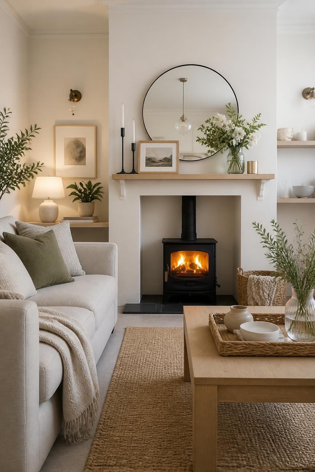 A cozy, light-filled room with a compact wood-burning stove fireplace, topped by a simple light oak floating shelf.