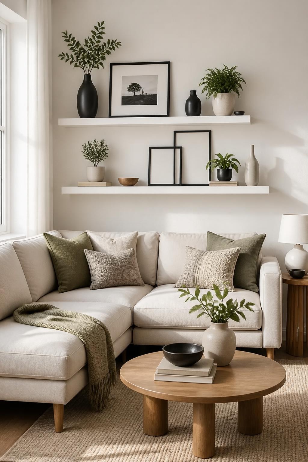 Cozy living room with soft neutral tones, where two white floating shelves make a feature above a corner sofa.