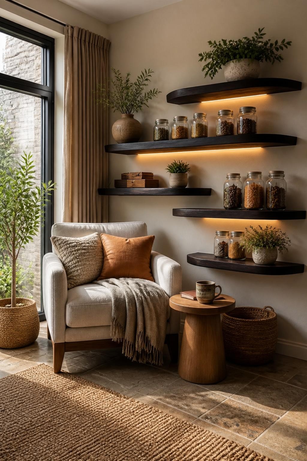 A cozy reading nook radiates comfort with curvilinear, live-edge black floating shelves lining a warm beige wall, each shelf softly underlit.