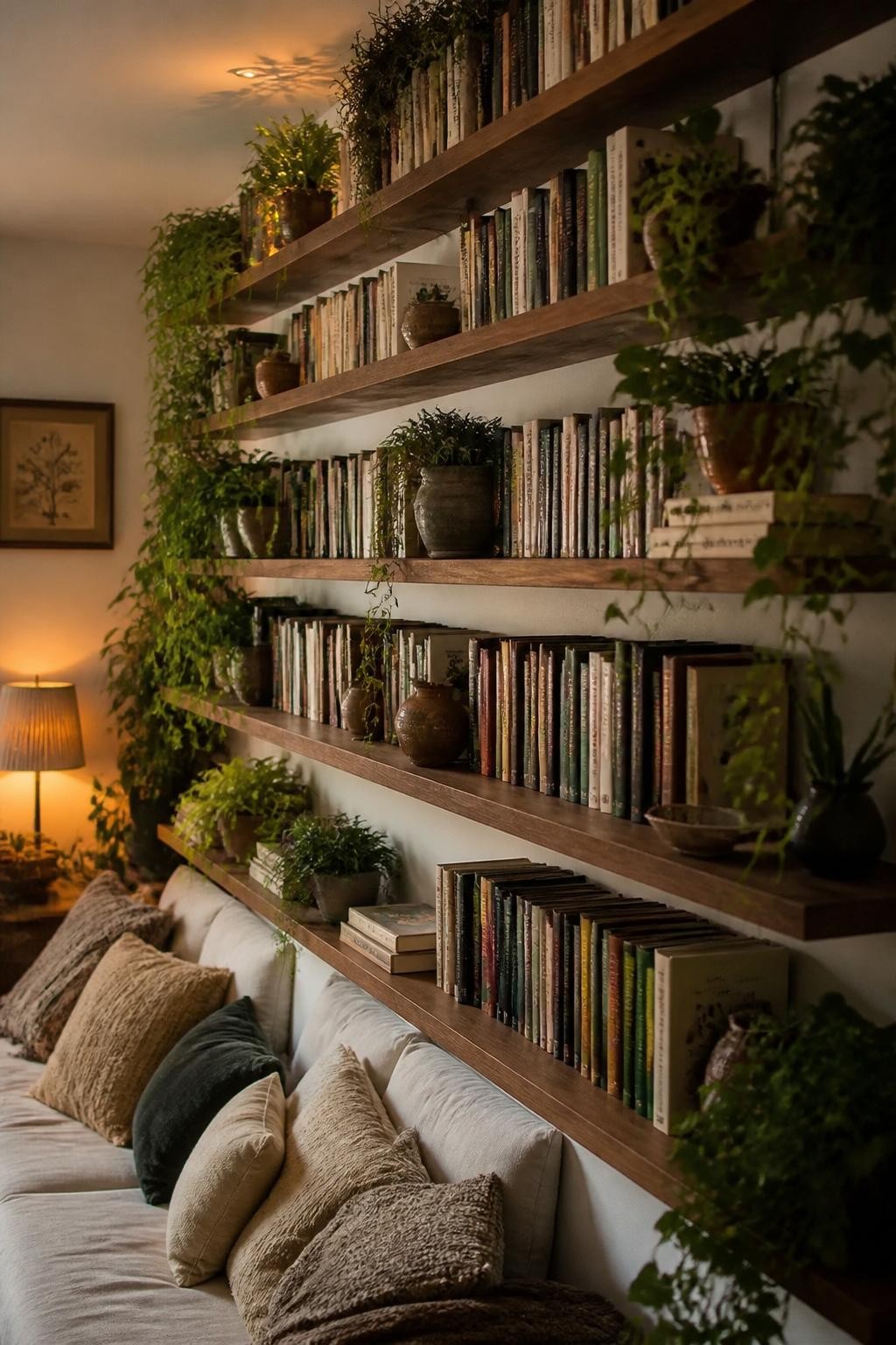 An inviting reading nook anchored by a full wall of floating shelves overflowing with books and draped with cascades of green ivy and traili.