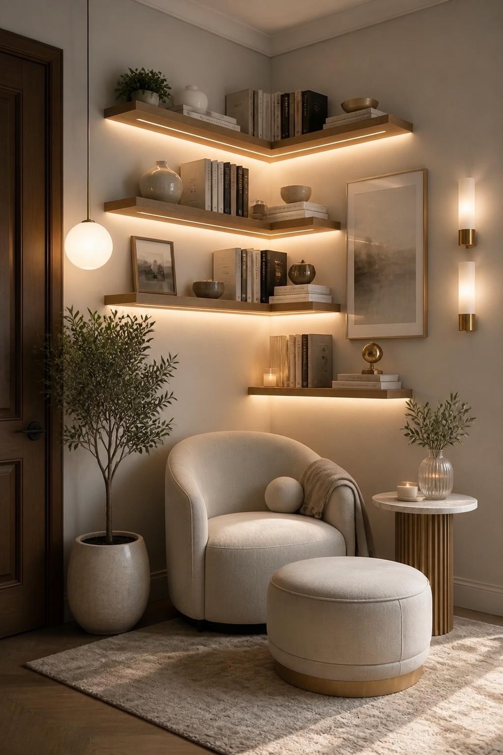 Elegant corner nook with minimalist floating wooden shelves, subtly backlit with LED strip lighting.