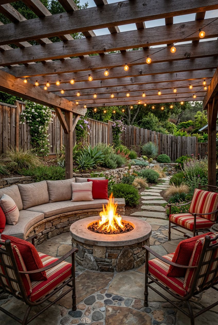 Present a cozy, rustic outdoor space under a classic wooden pergola draped with strands of glowing lights, centering on a round fire pit fra.