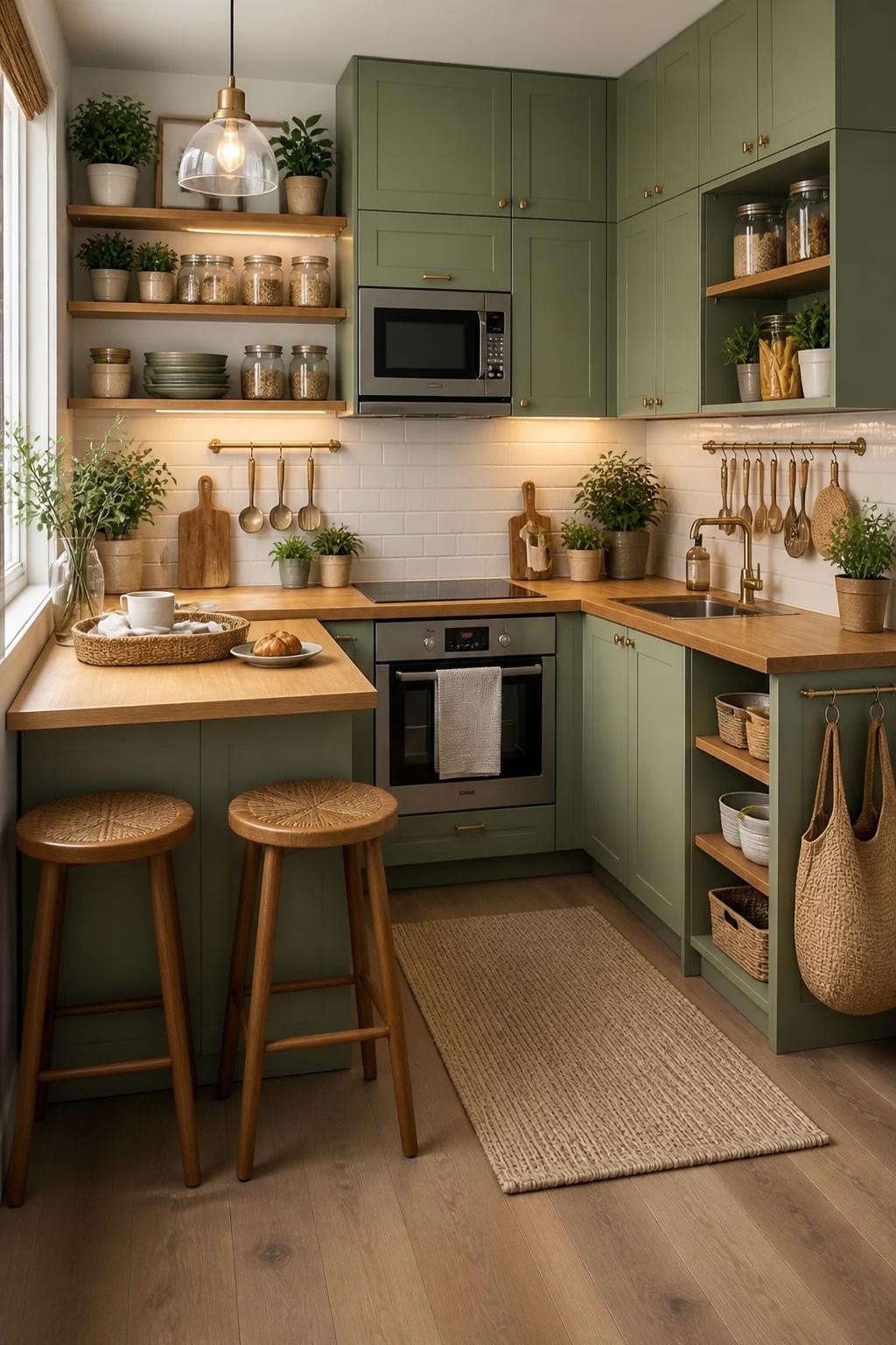 A cozy kitchen corner in soft sage green with matte cabinetry and open floating wooden shelves stacked above the countertop.
