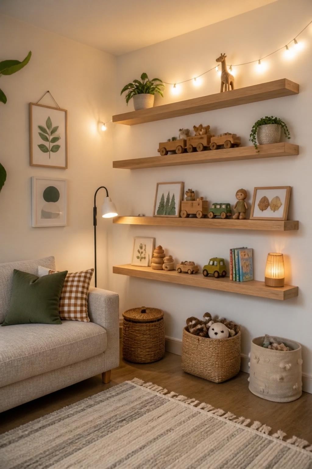 A cozy Scandinavian-inspired kids’ room highlighted by thick natural wood floating shelves with clean lines.