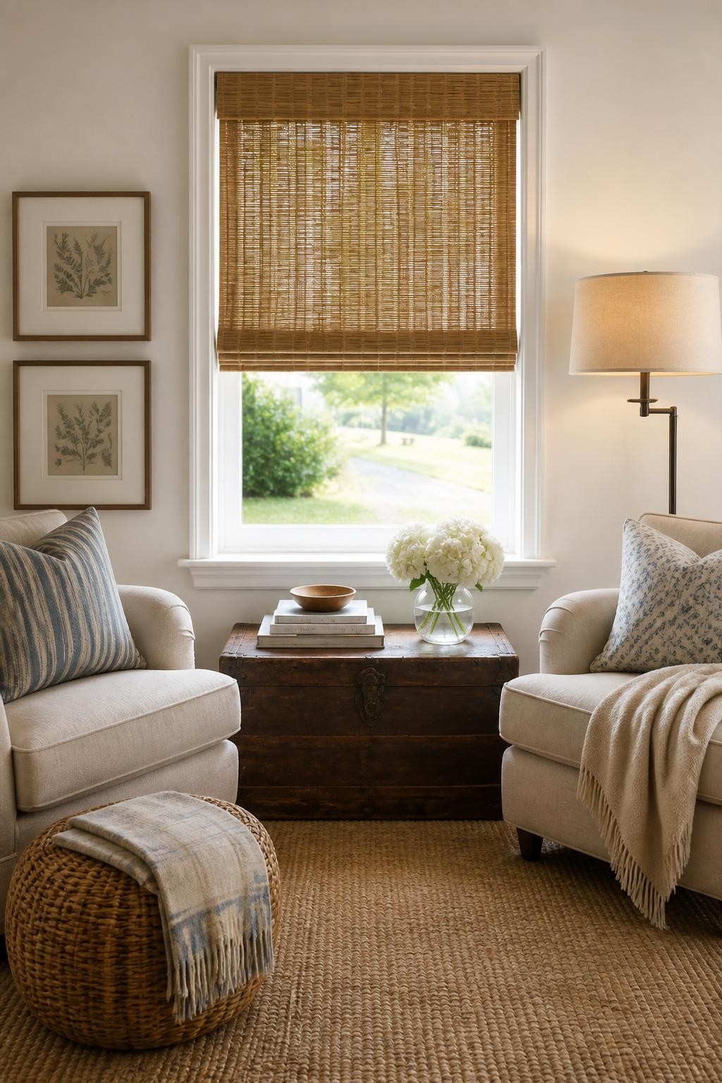 A quaint and cozy sitting nook features a centered window adorned with a tightly woven bamboo blind, softly diffusing the gentle midday ligh.