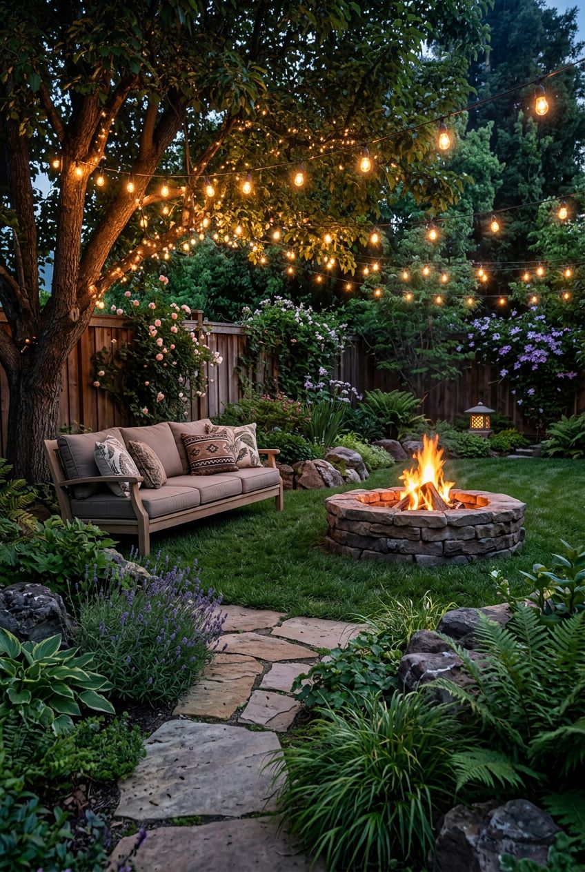 A dreamy outdoor garden with a rustic, stacked-stone fire pit as the focal point, surrounded by soft grass and mature trees creating a seclu.