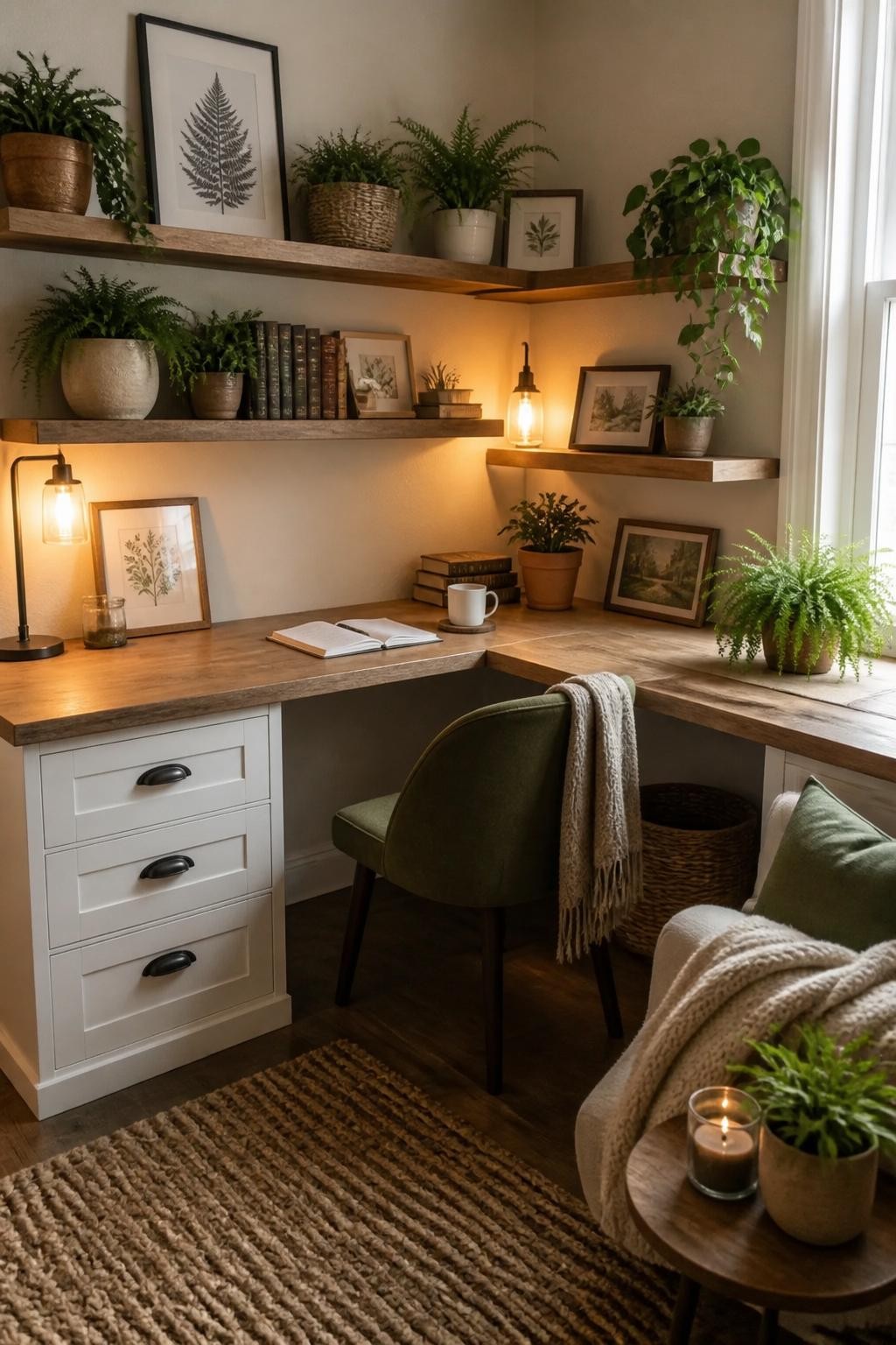A serene reading nook or office with floating, natural wood corner shelves and a custom L-shaped desk.