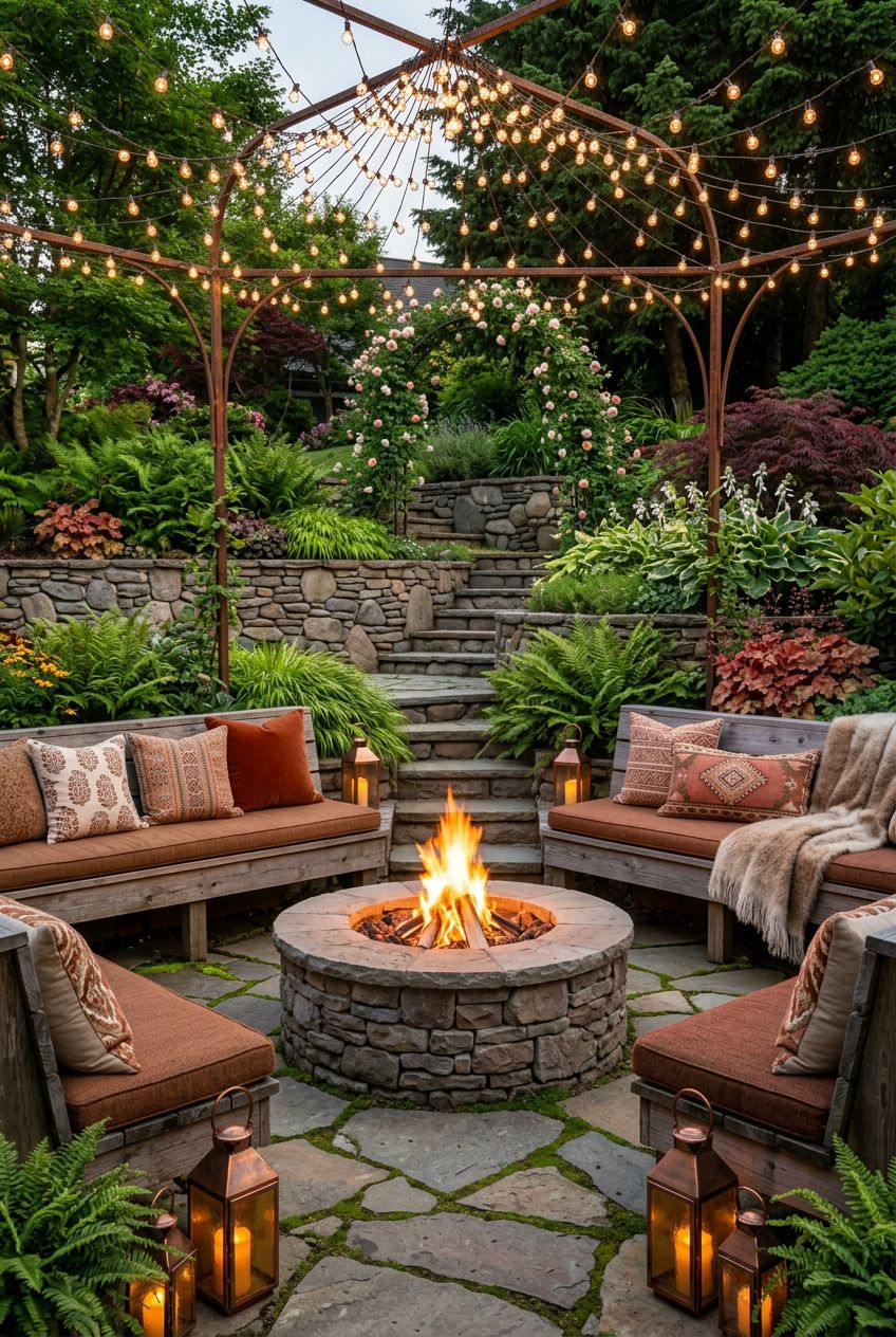 Showcase a cozy, sunken fire pit lounge embraced by rustic wooden benches adorned with abundance of throw pillows in warm earth tones.