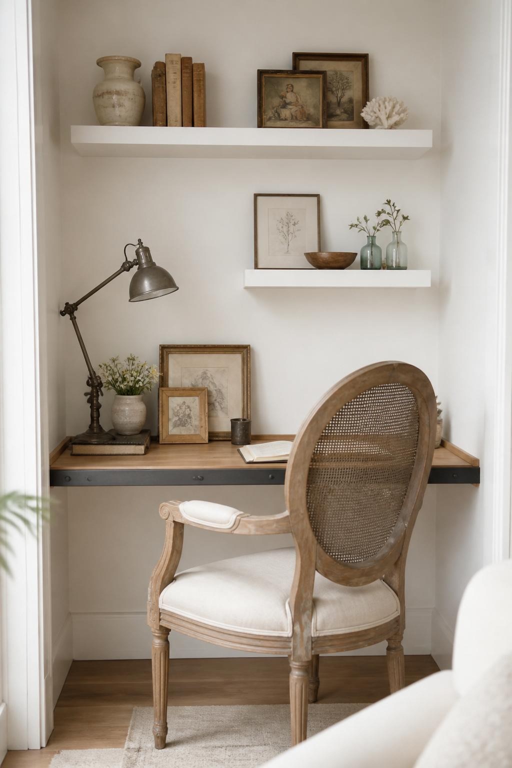 Cozy and vintage-inspired, this home office nook features bright white floating shelves against soft ivory walls for a classic, airy look.