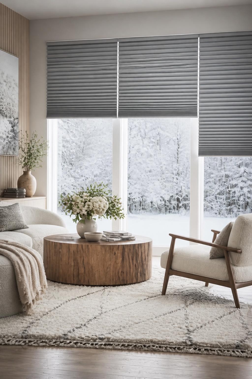 A cozy, inviting living room with panoramic windows looking out onto a snowy landscape, featuring sleek horizontal pleated blinds in a soft.