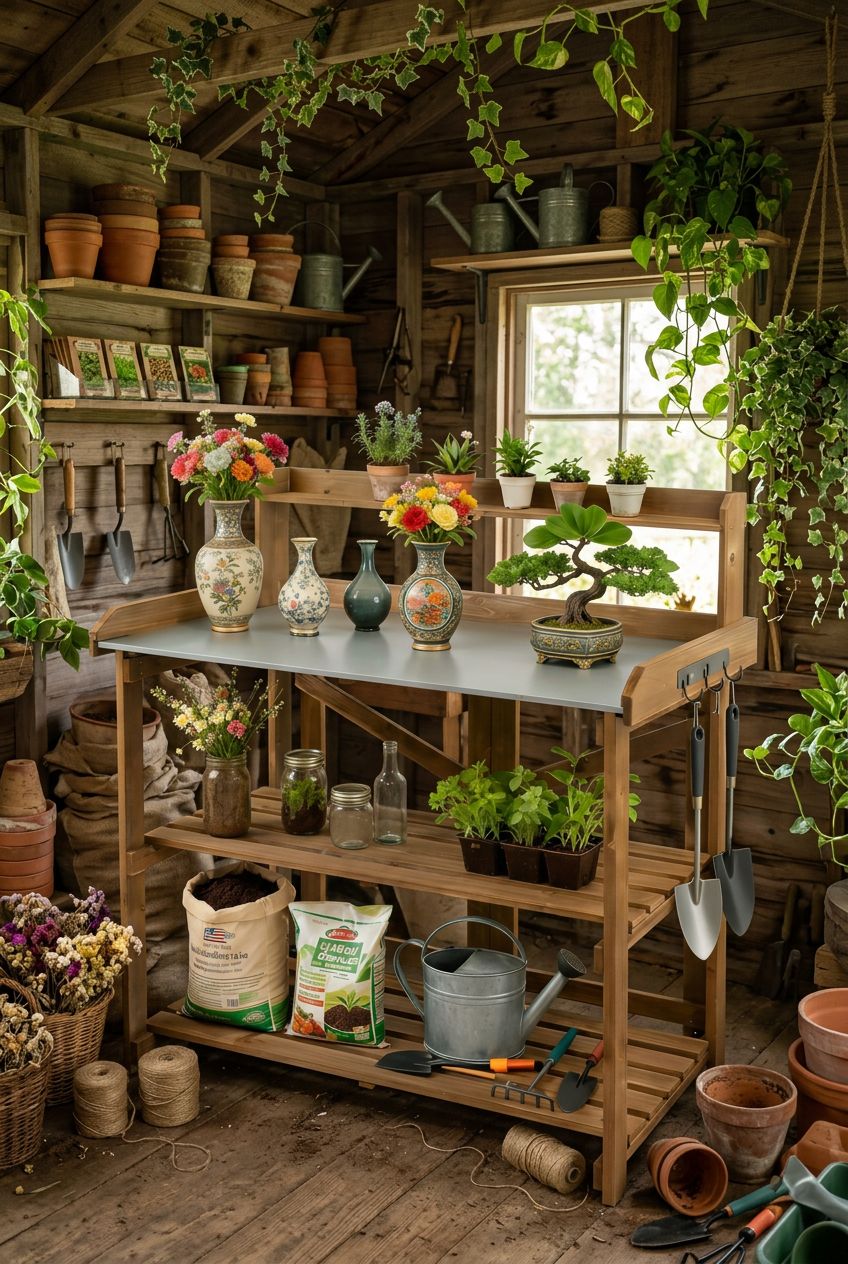 Use the uploaded Potting Bench Table exactly as the reference product, preserving its natural wood finish, three spacious shelves, slatted d.