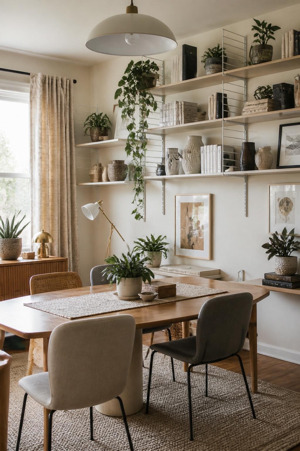 A creative boho-meets-modern dining room doubles as a workspace, with an entire wall of sleek open shelving brimming with stacked books, tra.