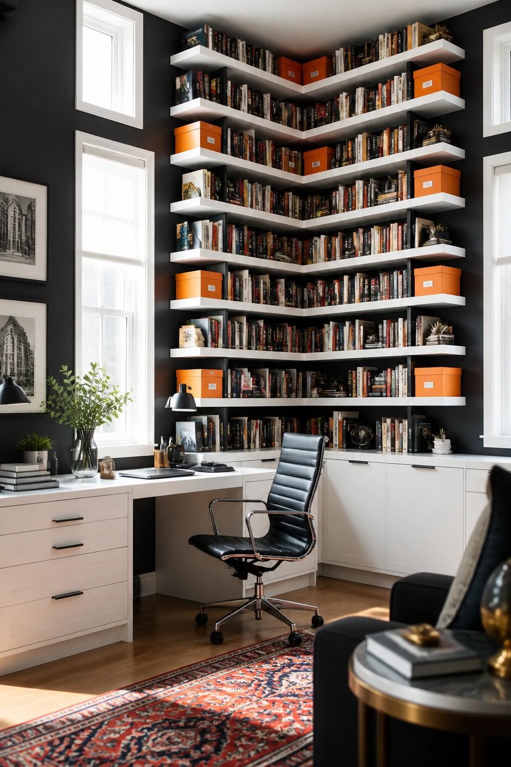 A dramatic, library-style configuration of white floating corner shelves filling an entire wall from floor to ceiling.