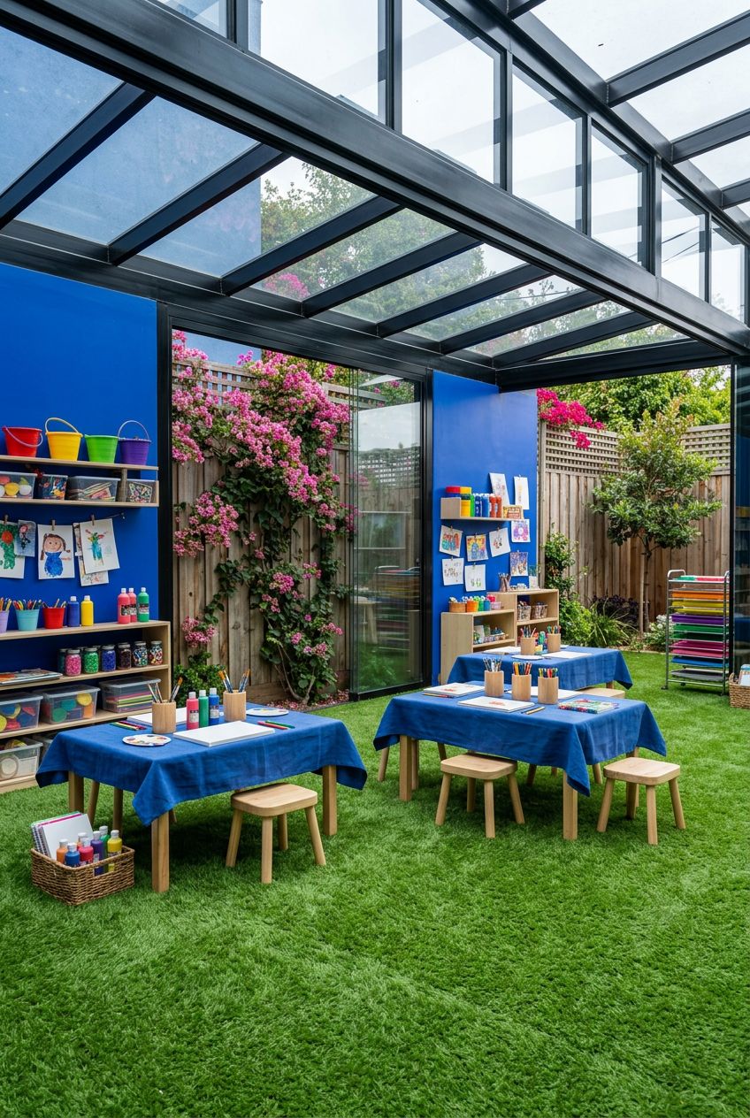An outdoor creative studio for kids features a modern glass and metal pavilion against a cobalt blue accent wall, with vibrant green artific.