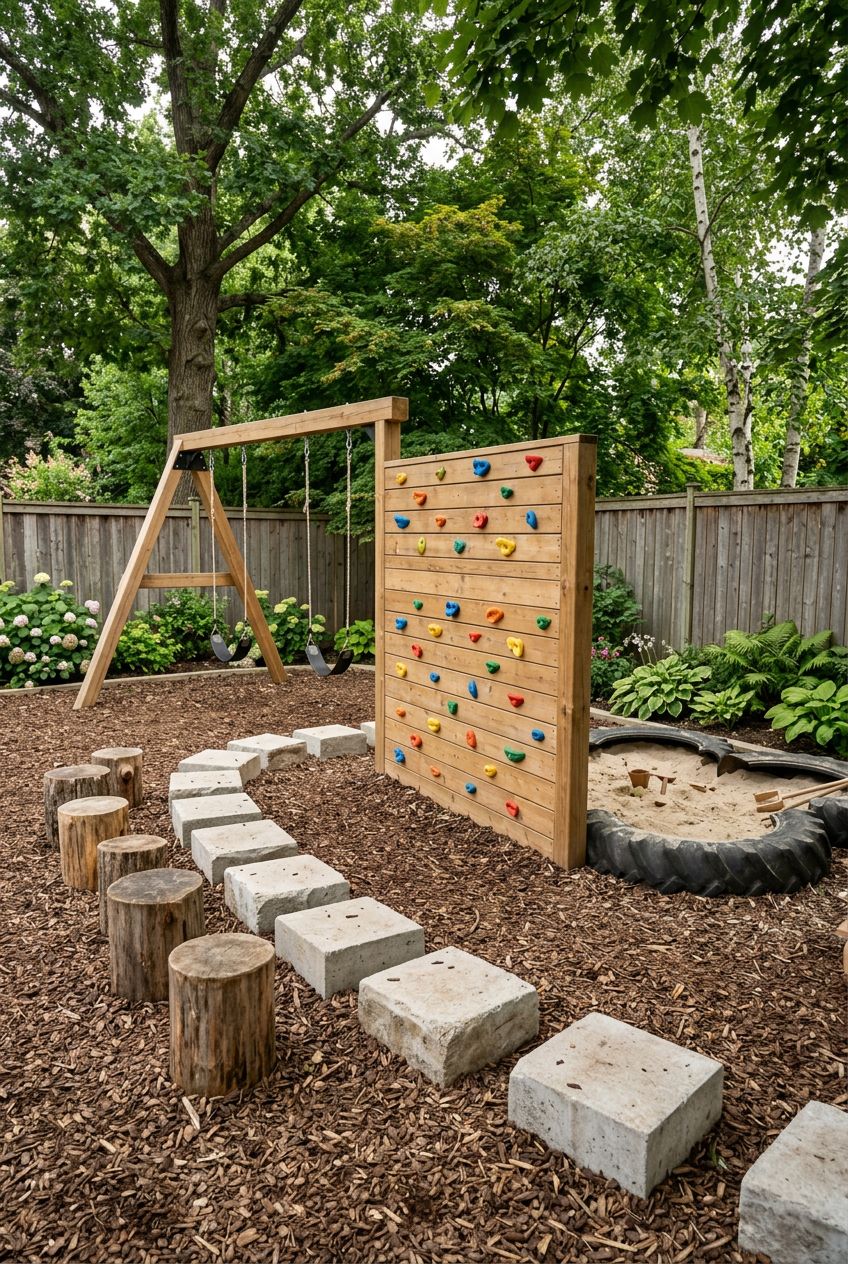 Illustrate a diverse play zone featuring a vertical wooden climbing wall with fun, colorful handholds, a path of oversized concrete blocks.