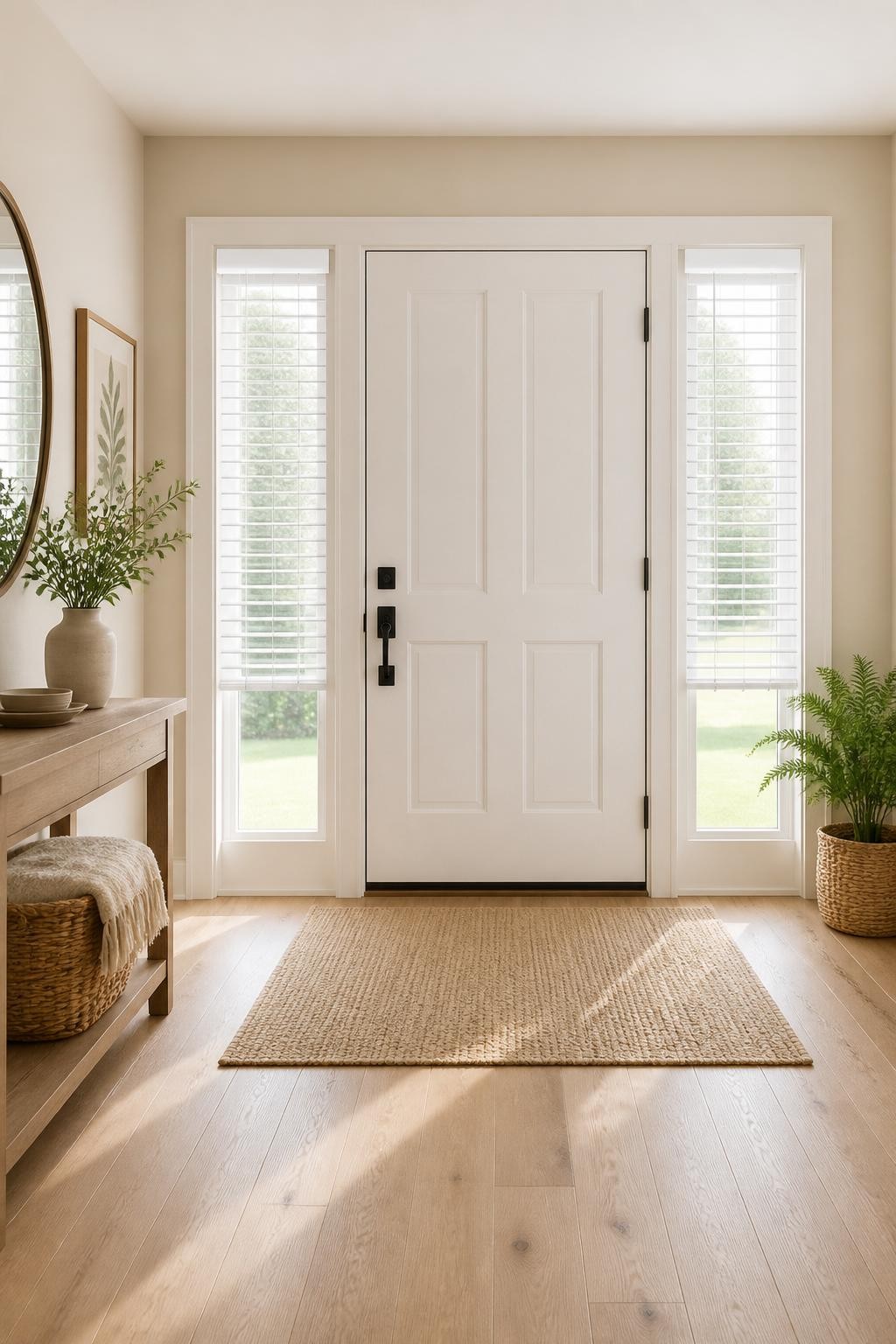 A modern farmhouse foyer with crisp white faux wood blinds flanking the front door, surrounded by clean-lined white trim and soft beige wall.
