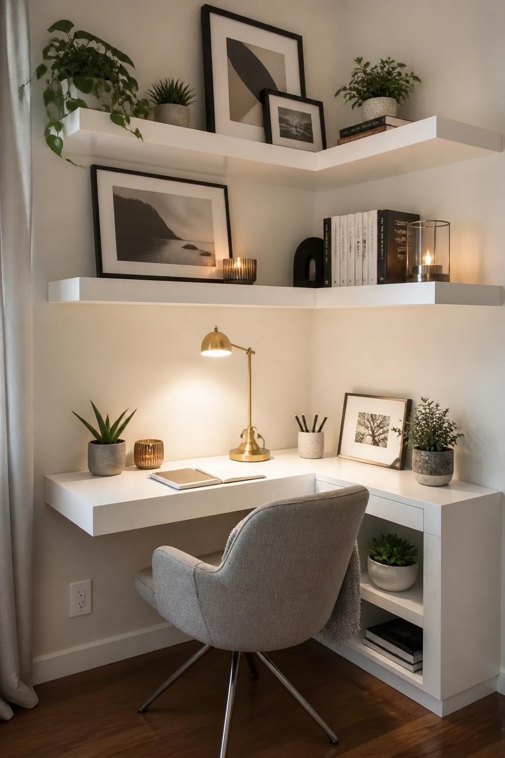 A sleek, contemporary workspace with crisp white floating corner shelves above a matching built-in desk.