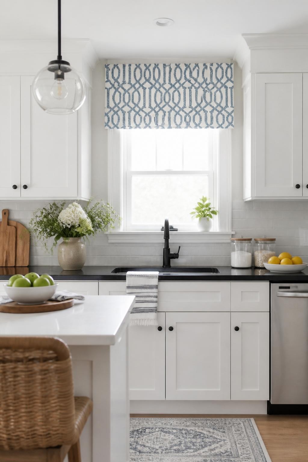 An all-white transitional kitchen is elevated by a blue and white geometric valance above the window, bringing playful pattern and soft stru.