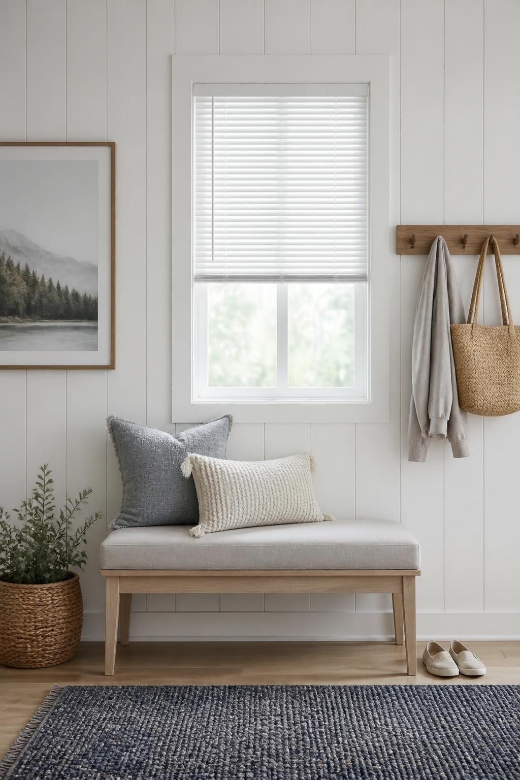 An entryway styled in Scandi-modern decor, with a compact window fitted with crisp white mini blinds.