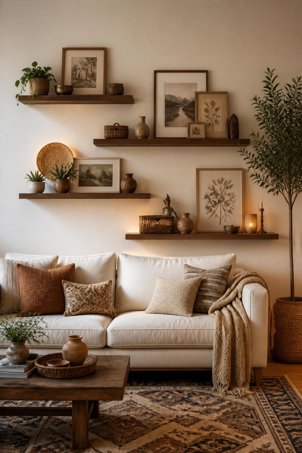 Evoke a curated boho gallery wall in a living room with warm, staggered floating shelves mounted above a plush ivory sofa.