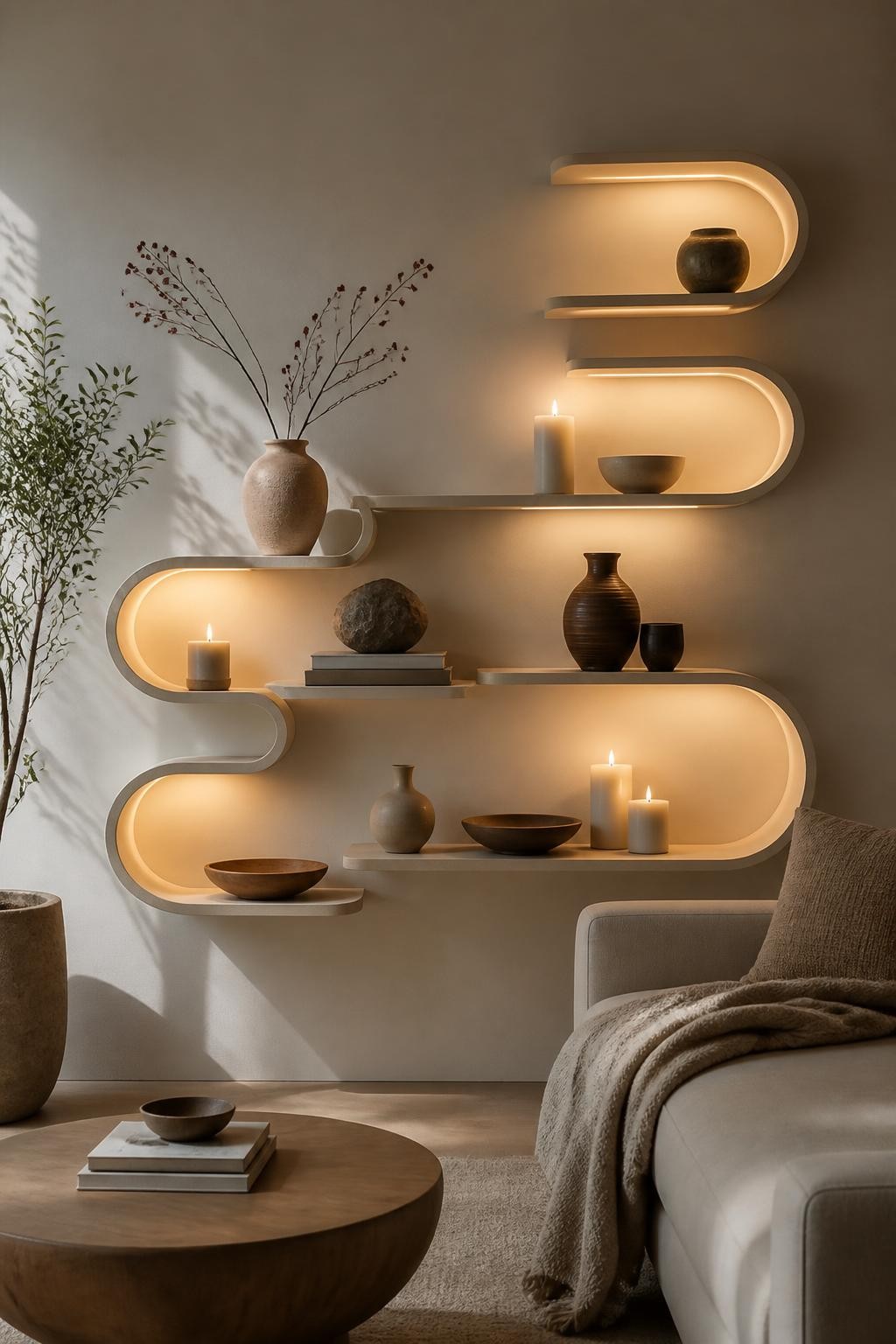 Feature a modern architectural wall with unique floating shelves that curve in sculptural waves, each shelf subtly backlit for a glowing eff.