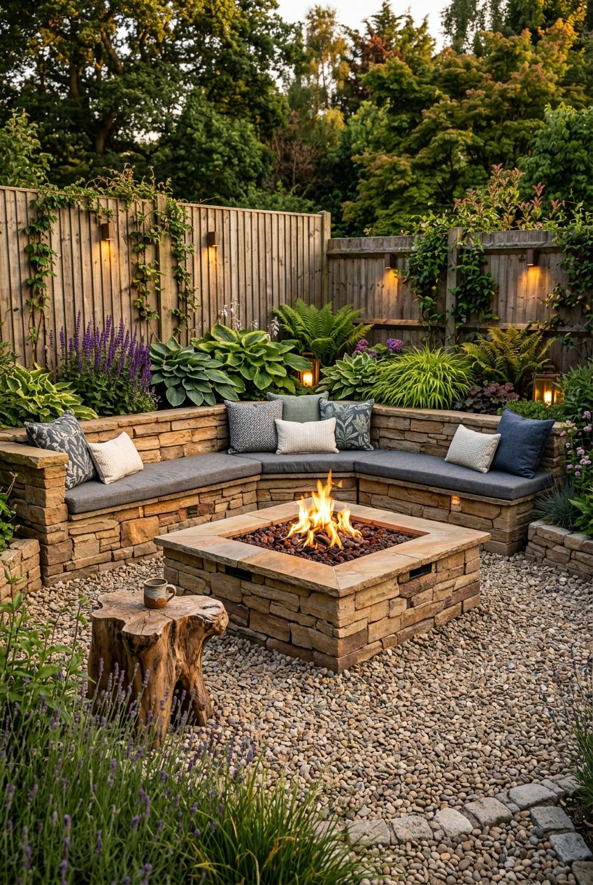 Feature a curved stone bench wrapping into a cozy garden corner, circling a large square fire pit clad in stacked stone.