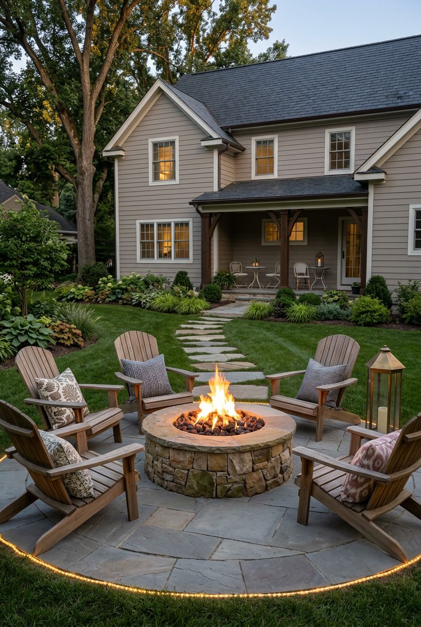 A quaint curved patio where a raised stone fire pit is nestled among neatly mown grass, the stonework blending into the landscape.