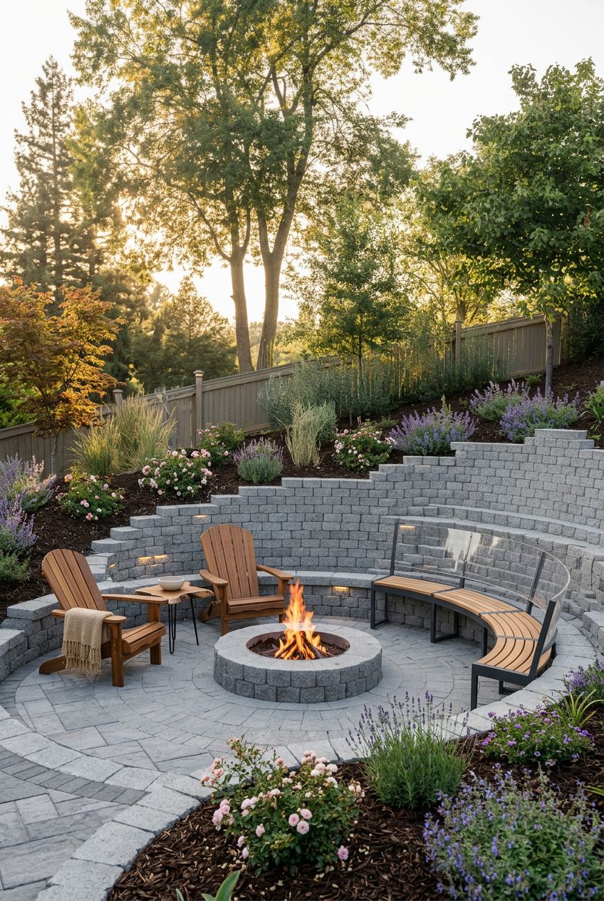Highlight a semi-circular patio carved into a gentle hillside, framing a medium-sized stone fire pit at its center with built-in curved ston.