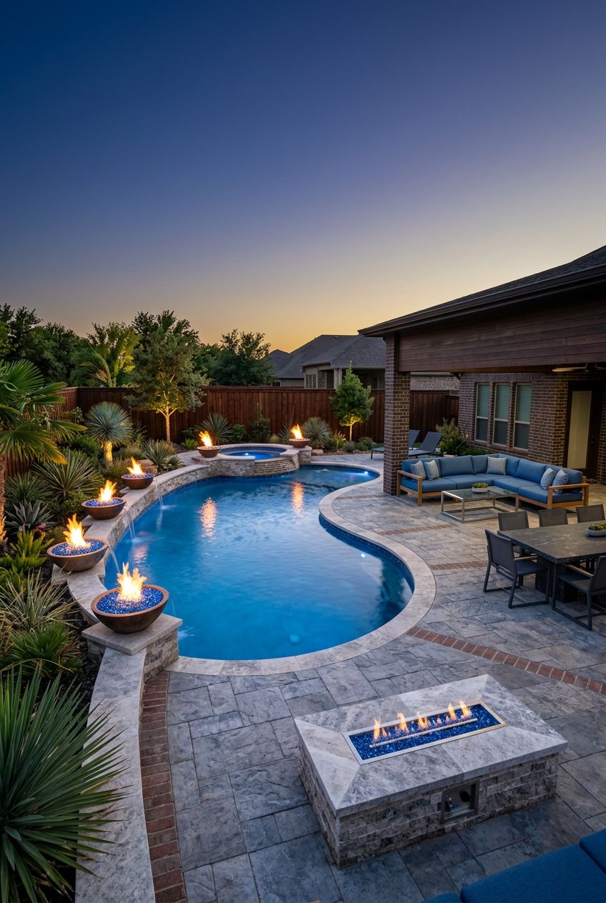 Illustrate a contemporary backyard with a custom-shaped pool, featuring several elevated fire bowls placed strategically around the water’s.