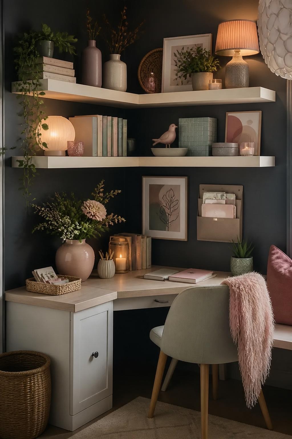 An eclectic creative workspace set against dark, moody walls with thick, white-washed floating corner shelves.