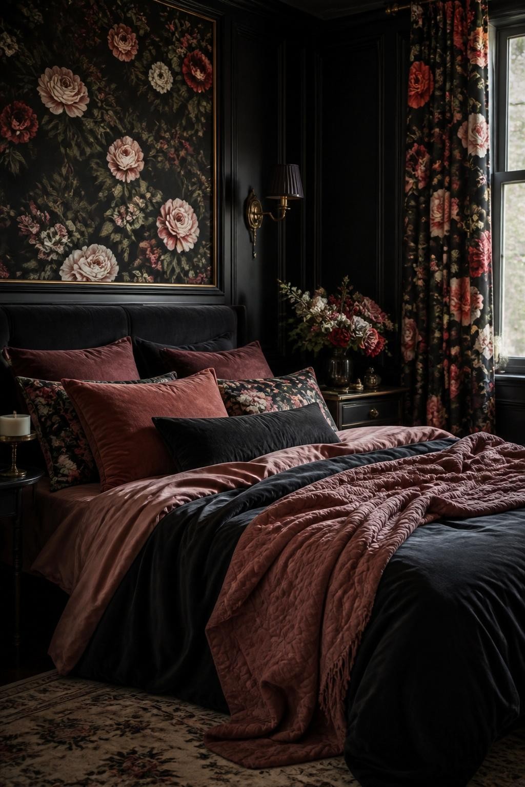 This bedroom scene is styled with a moody romantic flair, centering on a black floral wallpaper and matching floral curtains, complemented b.