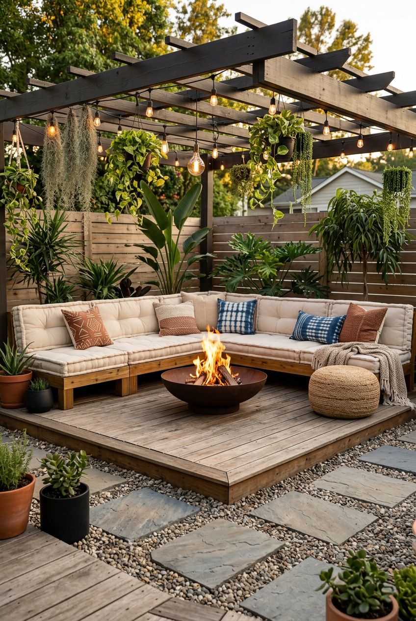 An intimate backyard deck retreat crafted from honey-toned wood decks with horizontal fencing and exotic landscaping, centered by a sculptur.