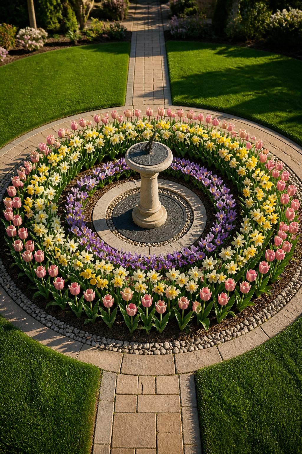 Create a geometric garden focal point featuring a lightweight decorative sundial centered above a septic lid and surrounded by concentric ri.