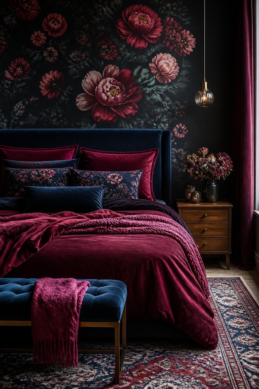 This atmospheric bedroom captures a sumptuous look with deep ruby, navy, and pink velvet bedding set against a dramatic black floral wallpap.