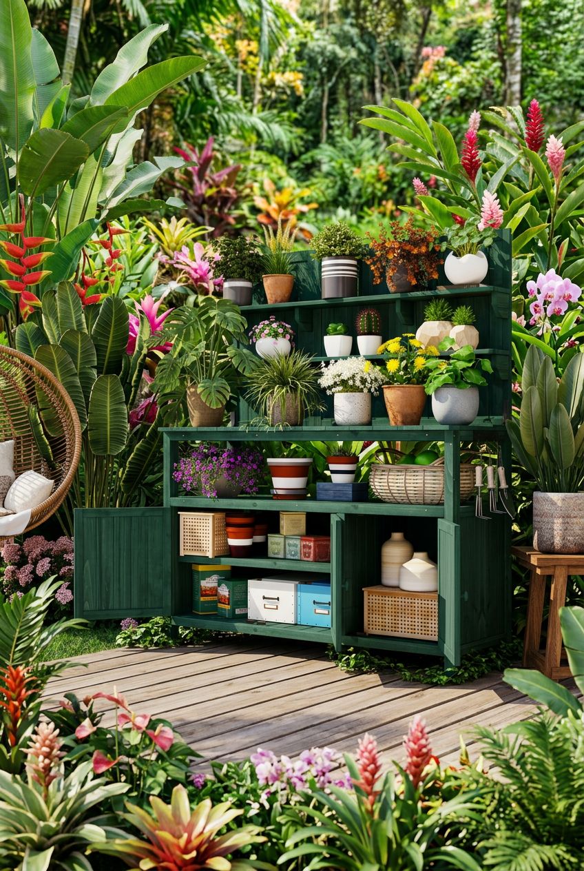 Use the uploaded Merax Outdoor Potting Bench Table exactly as the reference product, preserving its deep green hue, robust triple shelves, s.