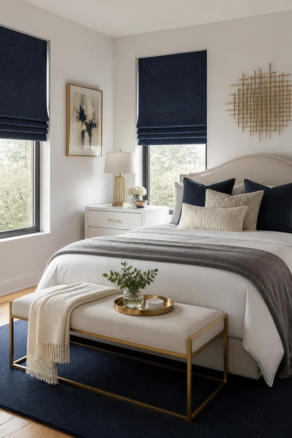Contemporary style comes alive in this bedroom with striking denim blue Roman blinds, set against crisp snow-white walls.