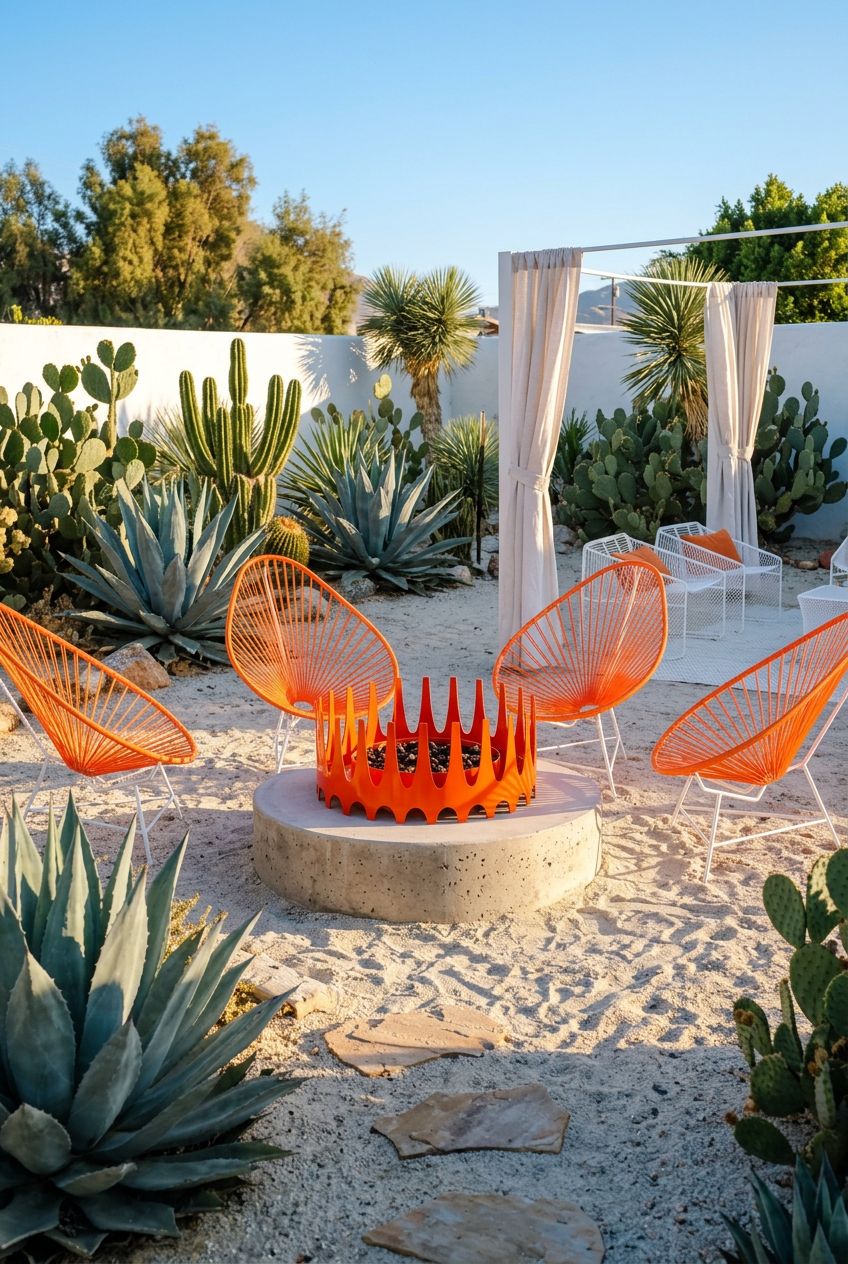 A vibrant desert-themed fire pit lounge features a circular modern concrete fire bowl encircled by sculptural orange accent chairs.