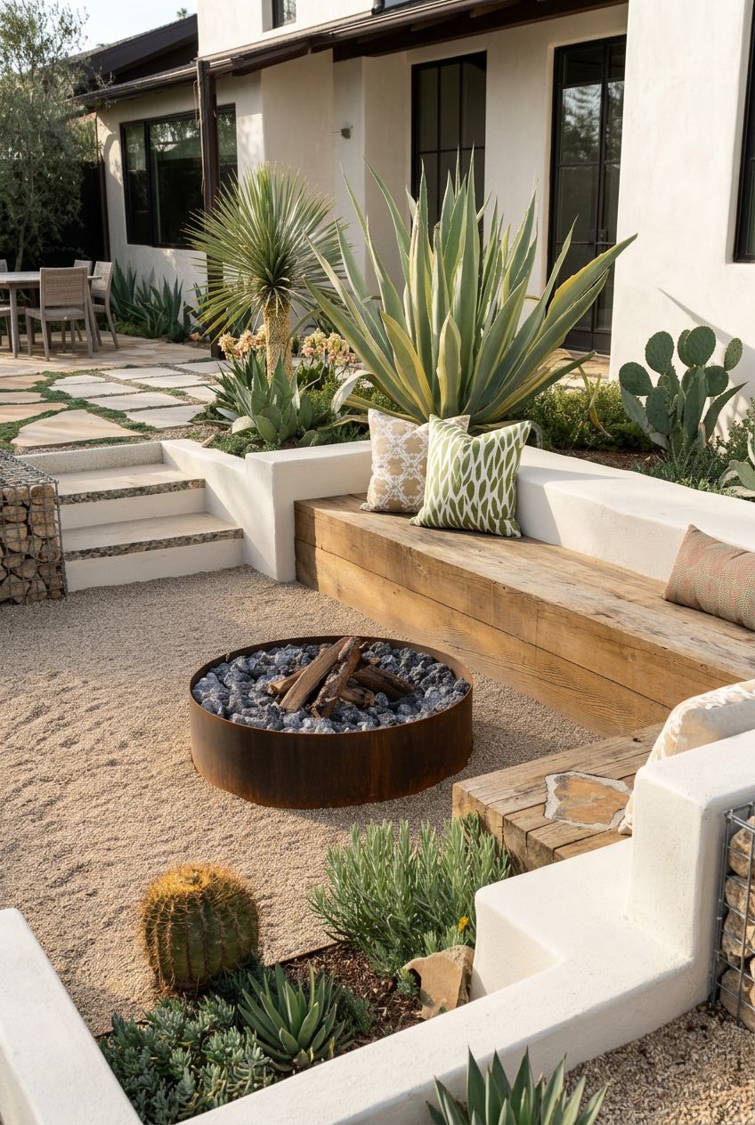 A desert-inspired gravel fire pit area features a low, rusted steel fire bowl set atop pale gravel surrounded by sculptural succulents and c.