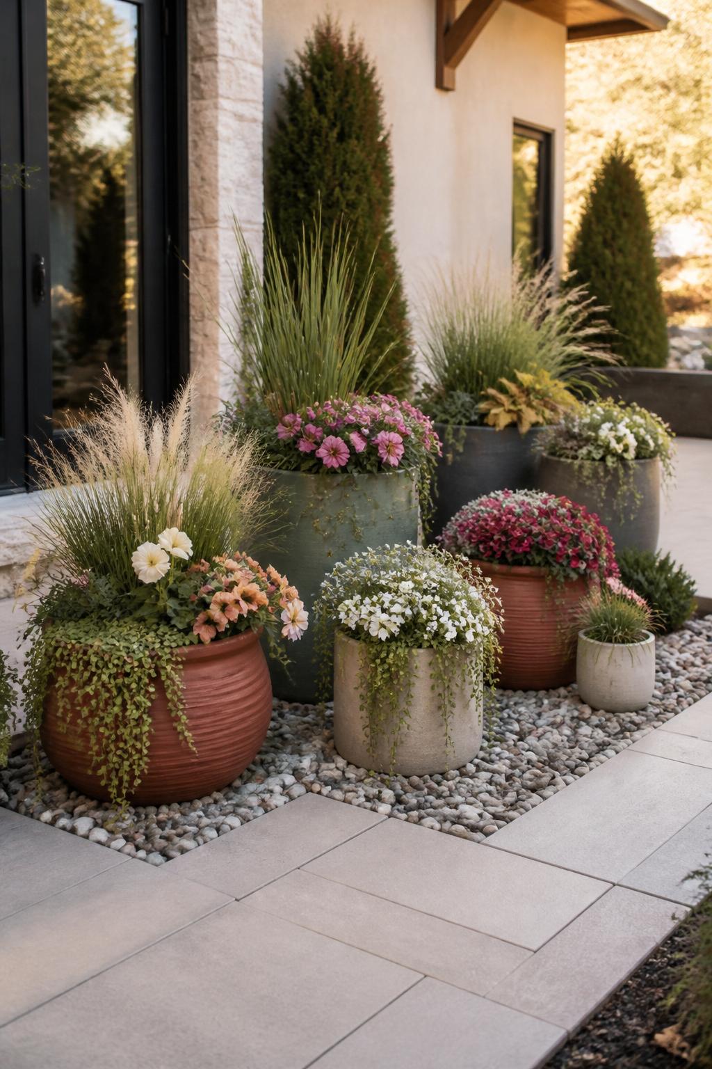Create a luxurious container garden cluster arranged directly above concealed septic lids using lightweight resin pots in varying sizes and.