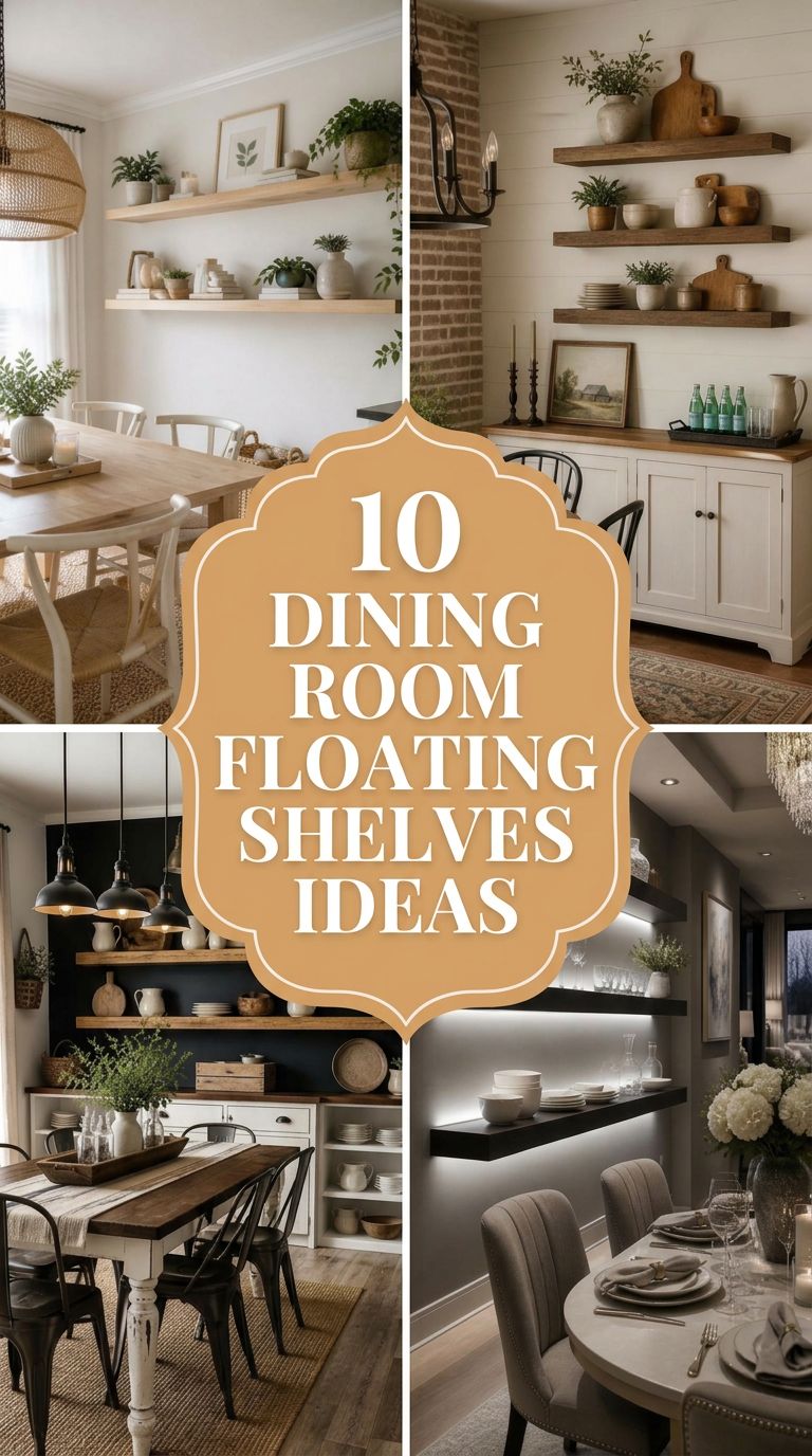 Pinterest banner for 10 Dining Room Floating Shelves Ideas for Display & Storage
